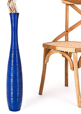 Leewadee Große Deko Bodenvase Für Dekozweige, Hohe Standvase Für Pampasgras, Design Holzvase, 70 cm, Blau