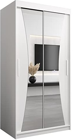 MEBLE KRYSPOL Kleiderschrank mit Spiegel Monaco - Garderobenschrank - Schrank Schlafzimmer - Mehrzweckschrank Zwei Schiebetüren - Regalen - Flur Möbel - Kleiderstange Schrank - Allzweckschrank