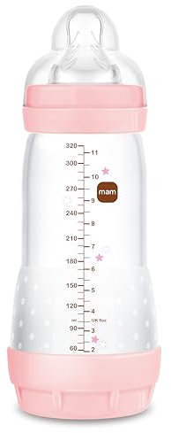MAM Anti-Kolik-Flasche, ab 4 Monaten, 320 ml, mit Sauger mit 3 schnellen Durchfluss aus Silikon, leicht anzunehmen, selbststerilisierend und leicht zu reinigen, Easy Start Anti-Colic, Hellrosa, 1