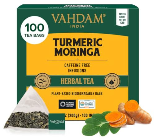 VAHDAM Té Herbal de Cúrcuma y Moringa | 100 Bolsitas Piramidales | Sin Cafeína | Mezcla de Hierbas con Especias Indias | Ingredientes Naturales | Envasado en India