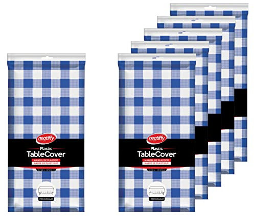 Neatiffy 137 cm x 274 cm 6er-Pack rechteckige Tischdecken aus Kunststoff für Picknick-/Camping-/Party-/Bankett-Tischdecken. Einweg-/Mehrwegtischdecken Blau kariert