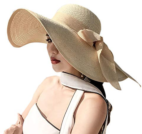 Elonglin Chapeau de Soleil en Paille à Bord Large pour Femme Capeline Pliable Décoration de Ruban pour Extérieur Plage Eté Anti-UV Respirant Beige
