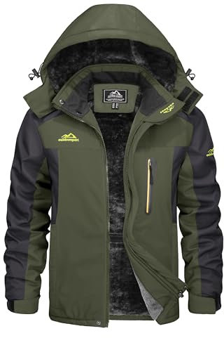 KEFITEVD Men's Winter Skiing Jacket Waterproof Outdoor Coat Softshell Windproof Hiking Jackets with Detachable Hood,Army Green,3XL
