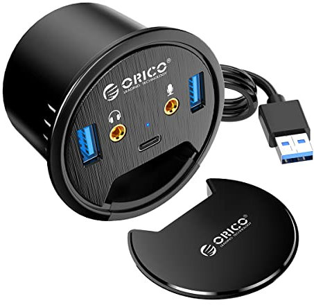 ORICO USB Tisch Hub 3.0 5-IN-1 USB Hub Tisch-Kabeldurchführung mit 2 USB A 3.0 Anschluss, Headset Adapter 3,5mm, 1 USB-C Anschluss, 4,9 Fuß Verlängerungskabel für Durchmesser 60 mm Loch(Schwarz)