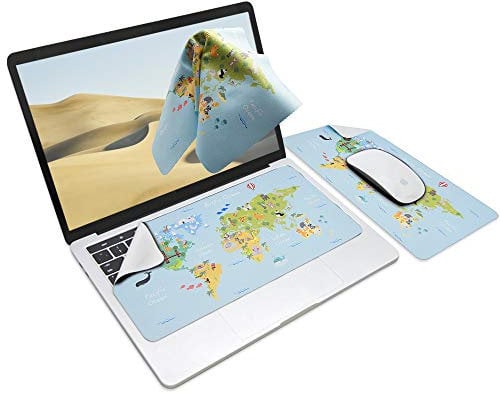 SenseAGE 3 in 1 Mouse Mat | Mousepad, Microfiber Keyboard Dust Cover, Screen/Monitor Cleaning Cloth | Non-Slip, Lightweight, Portable | for Macbook & Laptop up to 13.3 inch - Animal World Map II