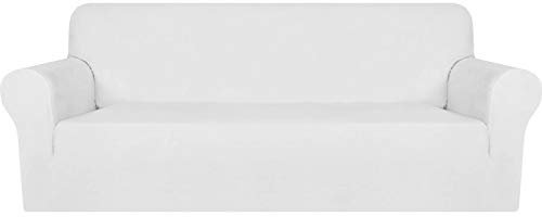 MAXIJIN Thick Velvet Sofa Covers 3 Seater Super Stretch Non Slip Couch Cover for Dogs Cat Pet Friendly 1-Piece Elastic Furniture Protector Plush Sofa Slipcovers (3 Seater, White)