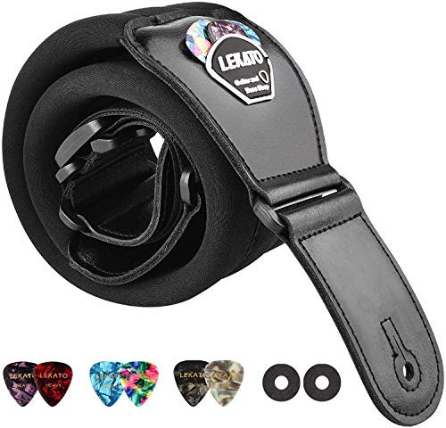 LEKATO Tracolla per chitarra con plettro per chitarra Tracolla per chitarra regolabile con estremità in vera pelle Lunghezza da 45 a 55 per bassi elettrici acustici Larghezza 3 (Nero)