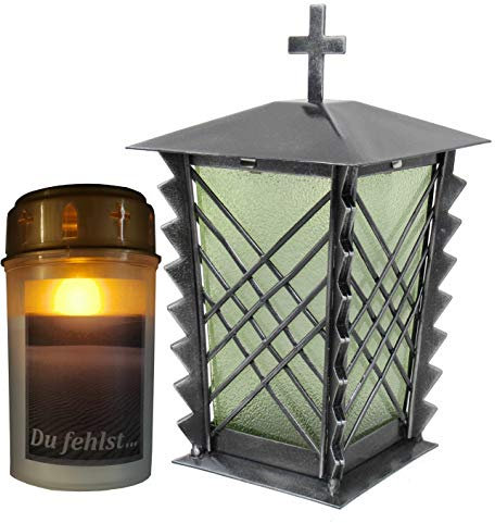 Grablaterne, Grableuchte aus Stahl mit Gittern und grünem Glas, inkl. LED-Kerze, 24 cm, Kreuz (Aluminium)