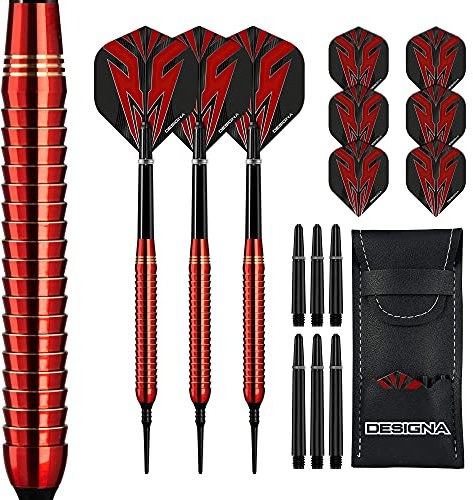 DESIGNA DARTS Mako | 22g Soft Tip Electro Brass Dart Set mit geradem Barrel inkl. 6 Standard Flights, 6 Schäften, Checkout Card und Aufbewahrungskoffer, M1, rot