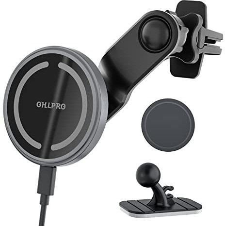 OHLPRO for iPhone 16 MagSafe Car Mount, Magnetic Wireless Car Charger with Extended Arm, Never Block Vents for iPhone 16/15/14/13/12 Serie, 15W Fast Charging Mag safe Phone Holder, Grey