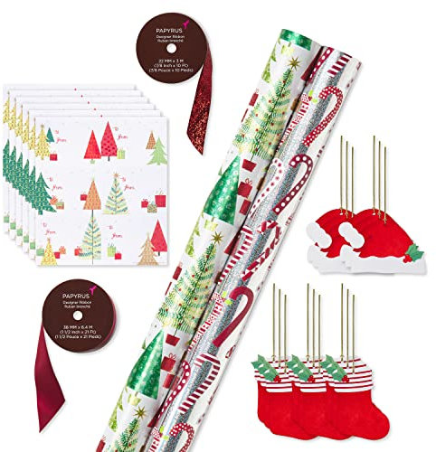 Papyrus Weihnachts-Geschenkpapier-Set, Weihnachtsbäume und Zuckerstangen (2 Rollen 40 m², 2 Bänder, 5 Etiketten, 12 Etiketten)