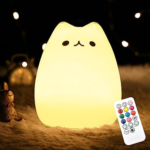 CHWARES Nachtlicht für Kinder, Katze Nachtlichter mit Fernbedienung, 7-Farbe Kawaii Lampe, Raum Dekor, USB wiederaufladbar, Nette Lampe Geschenke für Baby, Kinder, Kleinkinder (02-Cat)
