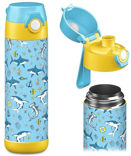 Jarlson® Trinkflasche Kinder MALI - Thermo Edelstahl Wasserflasche - BPA frei - auslaufsicher - Kinderflasche mit Chug Deckel- Flasche für Schule, Kindergarten - 350ml (Haie, 500 ml)