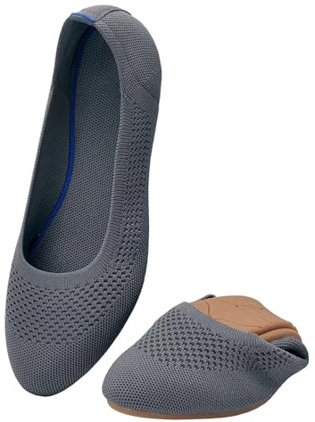 Puxowe Ballerine Femme Rond Tricot Pointe Chaussures Plates Confort Cale Bas Slip on Walking Robe Chaussures pour Femmes Doux 41.5 EU Gris Foncé