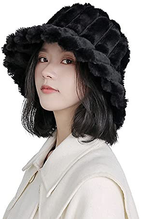 SIQITECH Fischerhut Winter Kunstfell Eimerhut Damen Mädchen Fischermütze Warm Winddicht Wintermütze Elegant Flauschig Bucket Hut Kälteschutz Damenhut Herbst Winterhut für Outdoor Skifahren Fahrrad