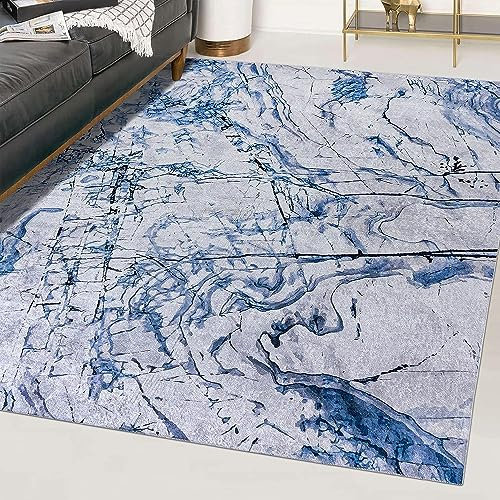 Mazovia Modern Teppich - Kurzflor Waschbar - Weich Teppich für Wohnzimmer, Schlafzimmer, Esszimmer – Teppiche Marmor Abstrakt Muster - Blau 80 x 150 cm