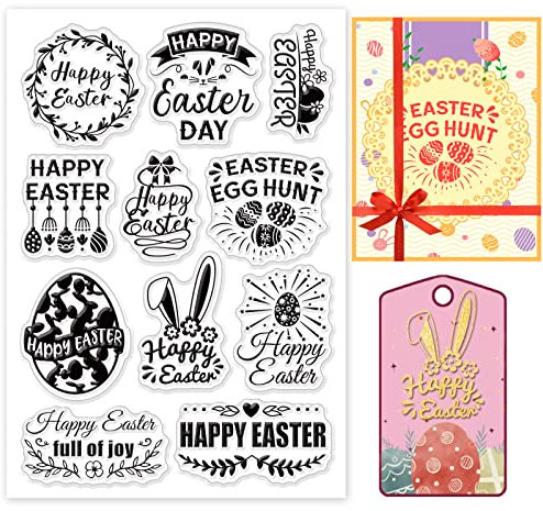 GLOBLELAND Frohe Ostern Worte Klare Briefmarken Ostereier Kaninchenrahmen Silikon Klare Stempelsiegel für Karten, Die DIY Scrapbooking Fotojournal Album Dekoration machen