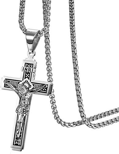 JewelryWe Schmuck Herren Halskette, Katholische Jesus Christus auf INRI Kreuz Kruzifix Edelstahl Anhänger mit 22 Zoll Weizenkette Retro Kette, Silber