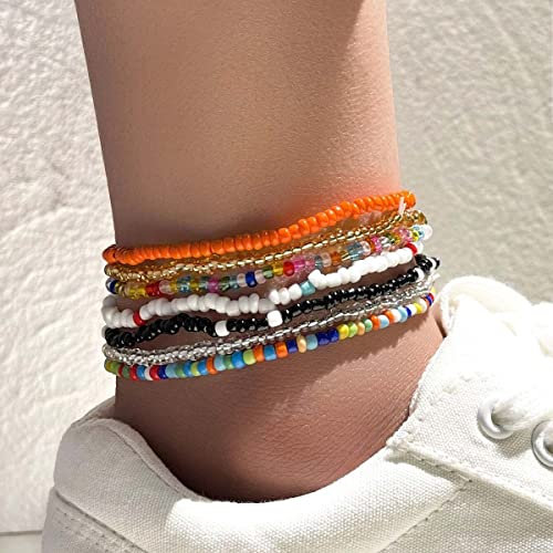 Clataly 7 pièces cheville bracelet main élastique couleur perles chaîne femmes été pied bijoux set (Couleur A)