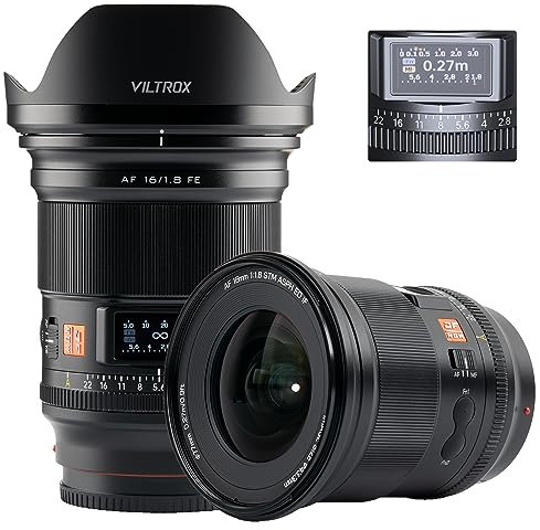 VILTROX AF 16mm F1.8 FE Objektiv für Sony E Mount, große Blende F/1.8 Vollformat-Weitwinkelobjektiv mit integriertem LCD-Bildschirm für Sony E-Mount Kamera Alpha a7II a7RIII a7RIV a7S a7SII a9 a7C