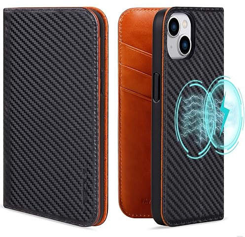 VISOUL Hülle für iPhone 15,Carbon und Nappa Leder Schutzhülle Schützt vor Stoß Kartenfach Magnetverschluss Stand Klapphüllen handyhülle Handytasche Etui Case 10 Braun T