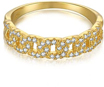 GemKing DY120332-S-G-WH-5 Iced Out Cuban Link Chain Ring 18K Gold Plated Ring Bling 5A CZ Cubic Zirconia Hip Hop Bands Women Rings