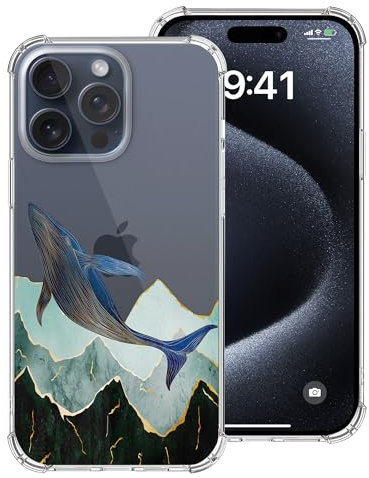 Transparente Schutzhülle für iPhone 15 Pro Max, abstrakte Goldlinie, Wal-Design, Aquarell-Wellen-Hügel-Designs für Mädchen und Frauen, 4 Ecken, stoßfest, langlebig, Schutzhülle für iPhone 15 Pro Max