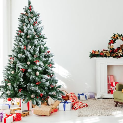 Cliselda 6ft/180cm Artificial Christmas Tree Pine Cones Red Berries | Snow Flocked Xmas Tree with 800 Tips, Metal Solid Stand for Holiday Home Party Indoor Decoration