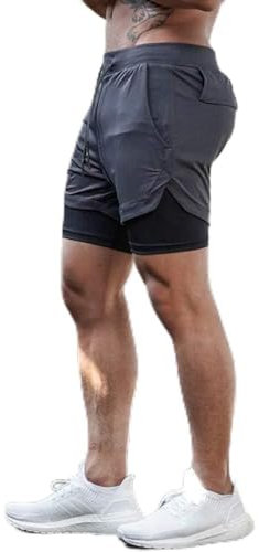 QINFEN YUNDOU Herren 2 in 1 Shorts Sommer Schnelltrocknende Laufshorts Herren Sport Shorts mit Taschen Sport Kurze Hosen Fitness Laufhose