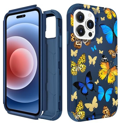 Pegmode for iPhone 14 Pro Max Case - Heavy Duty Protective Designer Blue Butterflies Cute Cartoon Hard Shockproof Bumper Phone Cases for 14 Pro Max for Girly Women Men Girls Boys Teens