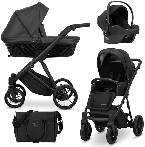 Kunert® IVENTO 3 in 1 Kinderwagen Kombikinderwagen komplettset I incl. Babywanne & Buggy Sportsitz & Auto-Babyschale mit Wickeltasche/Regenschutz +Fußsack I IVE 07 BLACK PEARL/BLACK FRAME