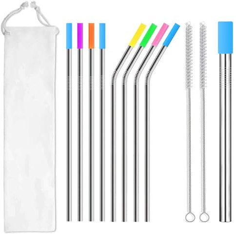 Radisoph 304 Edelstahl Strohhalme Wiederverwendbar, 9 Metall Trinkhalme Im Set mit Silikonspitzen, Mit 2 Reinigungsbürsten, Umweltfreundlich, Ungiftig, Waschbar,Spülmaschinenfest