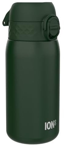 ION8 Vacuum Insulated Steel Water Bottle, 320 ml/11 oz, Leak Proof, Easy to Open, Secure Lock, Dishwasher Safe, Carry Handle, Metal Water Bottle, ThermoShield Stainless Steel, Dark Green