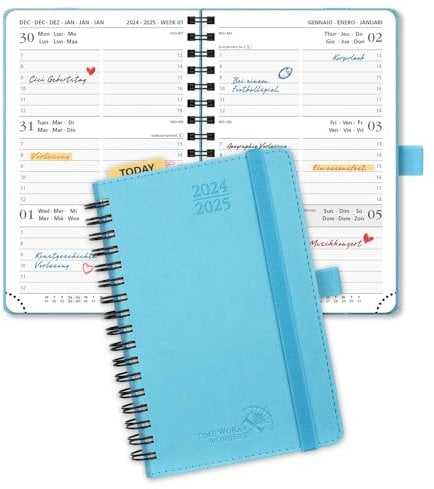 POPRUN Taschenkalender 2025 Klein (Aug.2024-Dez.2025) Ringbuch mit Softcover, ca. A6 (16 x 10,5 cm), Kalender 2025 Klein - Terminplaner 1 Woche 2 Seite mit Plastiklineal - Blaugrün