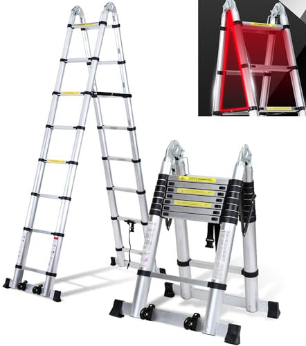 Cecaylie Escalera telescópica Plegable de Aluminio con Ruedas Dobles extraíbles, 5 m (2,5 + 2,5 m) Carga máxima de 150 kg, Color Plateado