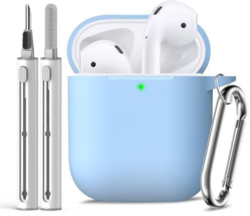 Inesore Compatible with Airpods Cases Cover, Soft Silicone Protective Case for Apple AirPods 2nd/1st Generation Charging Case with Keychain and Cleaner Pen, for Women Men-Sky Blue