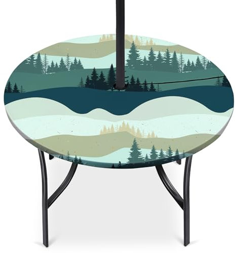 Runde Picknick-Tischdecke mit Schirmloch, wasserdicht, elastisch, 91,4 cm - 111,8 cm, Outdoor-Tischdecke für Camping, drinnen und draußen