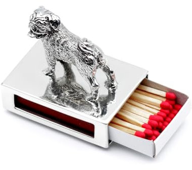 Brillibrum Design Elegant Pewter Match Box with Pug Decorative Figure Matchbox Case Made of Metal with Matches Dog Figure (Pug, with Engraving)