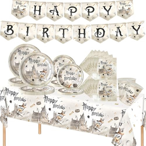 82P Harry Potter Party Tableware Set,Wizard Party Dinnerware Harry Potter Banner with Magician Party 20 Paper Cups 40 Plates 20 Napkins Harry Potter Tablecloth for Kids Birthday Wizard Party Decor Kit