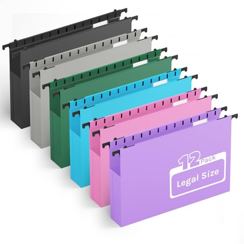 Extra Capacity Legal Plastic Hanging File Folders,2 Expanding Accordian Pocket with Black Insert Gasket,Heavy Duty for Filing Cabinet,Hard and Durable Hang Folders,Assorted Color,Legal Size,12 Pack
