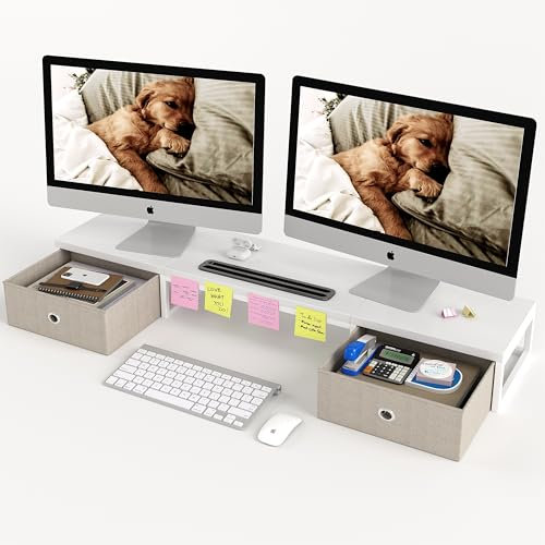 Dual Monitor Stand Riser mit 2 Schubladen - 100CM große Lagerung Computer Monitorständer für 2 Monitore, hölzerne Desktop Organizer perfekt für Home-Office-Schreibtisch, Computer, Laptop, TV, Weiß