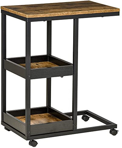 HOMCOM Mesita Auxiliar Industrial Mesa Auxiliar en Forma de C con Ruedas Estantes Abiertos y Marco de Acero para Salón Dormitorio 51x33x66 cm Marrón Oscuro