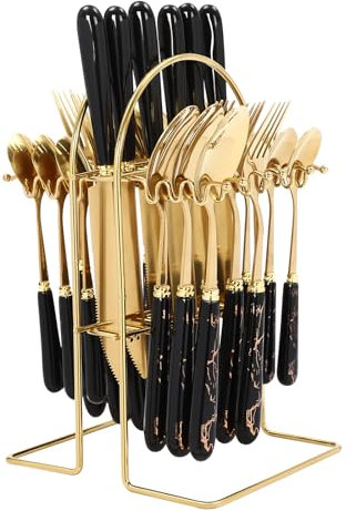 Gold Cutlery Set, 24 Piece Cutlery Set with Hanging Cutlery Stand, Safety Stainless Steel Dinner Set for 6 People, Include Knife Fork Spoon, for Home Kitchen (Black)