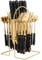 Gold Cutlery Set, 24 Piece Cutlery Set with Hanging Cutlery Stand, Safety Stainless Steel Dinner Set for 6 People, Include Knife Fork Spoon, for Home Kitchen (Black)