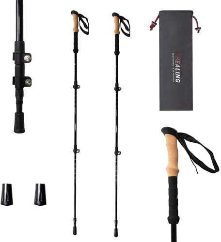KHEALING Bastones de senderismo de fibra de carbono, retráctiles, agarre de corcho, con bolsa de almacenamiento y tapa para bastones, para senderismo y senderismo