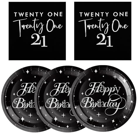 IETOSY 21st Birthday Party Plates and Napkins,21 Years Decorations Black Silver Disposable Tableware Plates and Napkins Set for Her Him 21st Birthday Serves 20