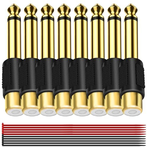 MKBKLLJY 8PCS RCA to 1/4 Audio Adapter 6.35mm Quarter Inch TS Mono Male to RCA Female Jack Plug Audio Connectors Imitation Gold Plated With with Cable Tie, for Mixer Subwoofer Guitar Amplifiers