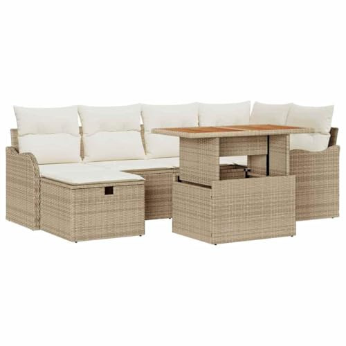 vidaXL Garten-Sofa-Set 7 pcs Beige Poly-Rattan, Garten und Terrasse, Coole modulare Möbel, wetterfestes Lounge-Set, Rattan-Bank, höhenverstellbarer Tisch