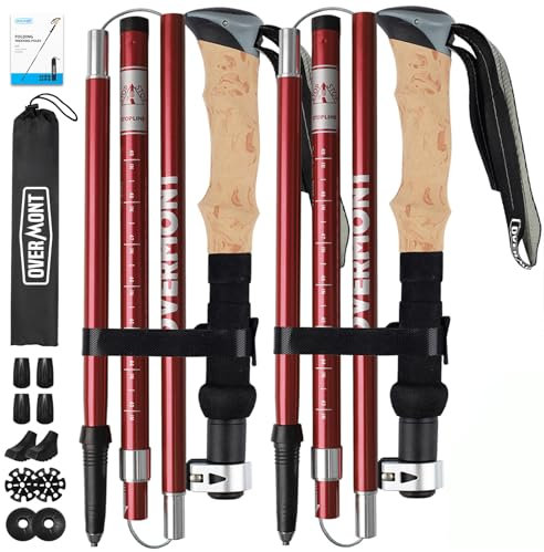 Overmont Wanderstöcke Faltbar Aluminium Ultraleicht - Verstellbar 105-125 cm Trekkingstöcke - Nordic Walking Stöcke 1 Paar mit All-Terrain Zubehör Rot