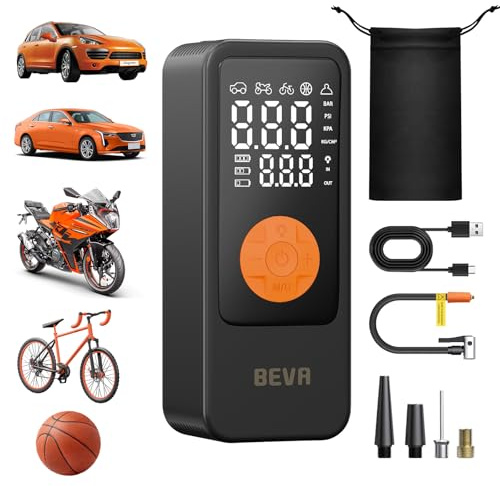 BEVA Elektrische Fahrradpumpe/Luftpumpe,150PSI Tragbare Luftpumpe Fahrrad | 1-Min-Aufpump, Wiederaufladbarer Akku Kompressor Klein, Auto-Abschaltung,Fahrrad Pumpe für Auto,Motorrad,Escooter,Bike